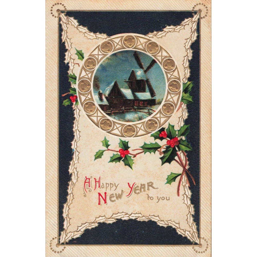 Vintage 1914 New Year Postcard Windmill Winter Scene Embossed United Art Co NY - Picture 1 of 2
